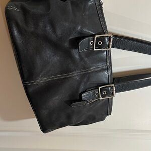Coach Black Leather Small Tote Bag with Buckle Accents